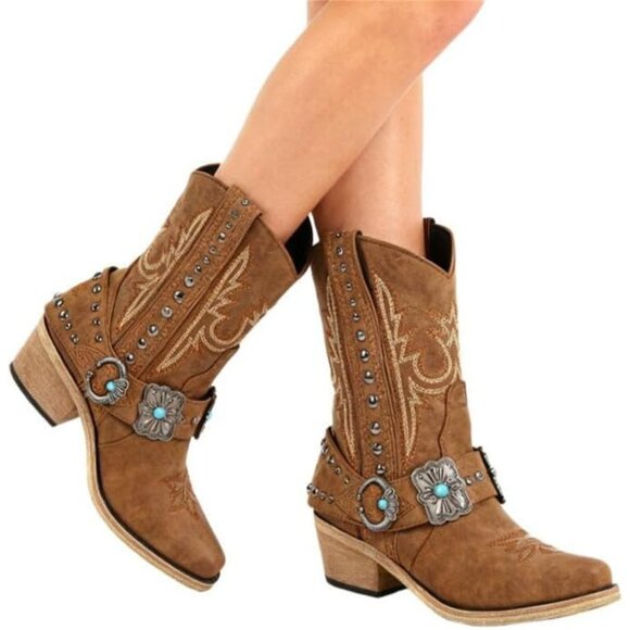 ⚡Women's Brown Ankle High Embroidery Pointed Toe Cowgirl Western Boots - Picture 5 of 6